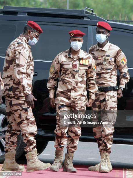 The president of the Transitional Military Council , Mahamat Idriss Deby upon his arrival at the official funeral on April 23, 2021 by Marshal of...