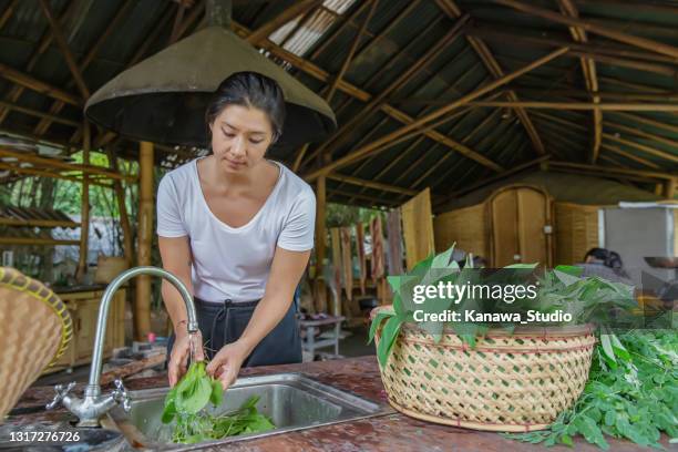 ambientalista malese che lava verdure fresche in un lavandino all'aperto - bambù materiale foto e immagini stock