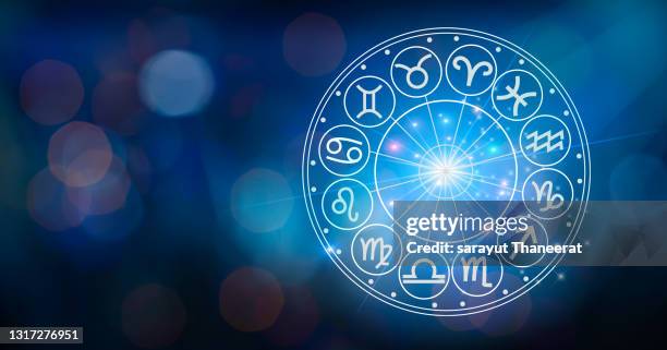 zodiac signs inside of horoscope circle. astrology in the sky with many stars and moons  astrology and horoscopes concept - star signs fotografías e imágenes de stock