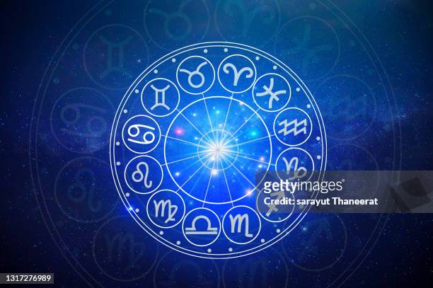 zodiac signs inside of horoscope circle. astrology in the sky with many stars and moons  astrology and horoscopes concept - astrology sign stock illustrations stock pictures, royalty-free photos & images