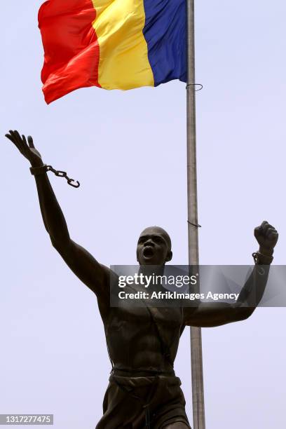 Flag at half mast at Place de la Paix where the funeral of Marshal and President of Chad, Idriss Deby Itno took place during his funeral on April 23,...