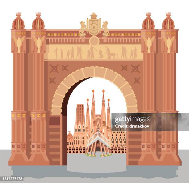 arc de triomf and sagrada familia - arc de triomf barcelona stock illustrations
