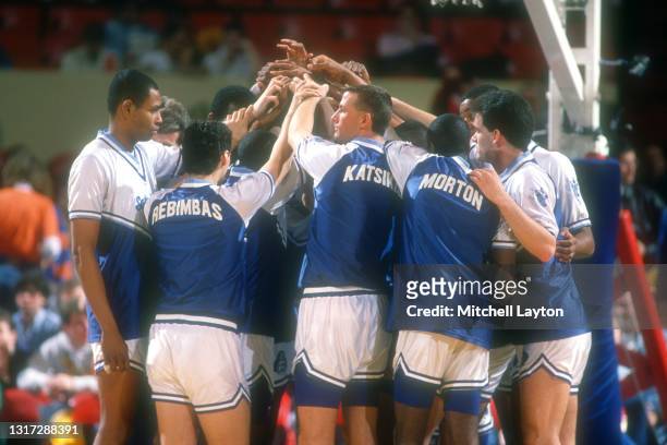 The Seton Hall Pirates rhuddle during the semifinals of the Big East Basketball Tournament against the Syracuse Orangeman at Madison Square Garden on...