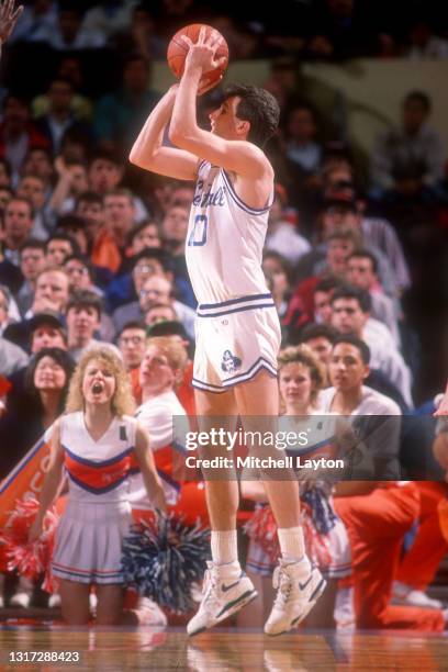 Andrew Gaze of the Seton Hall Pirates takes a jump shot during the semifinals of the Big East Basketball Tournament against the Syracuse Orangeman at...