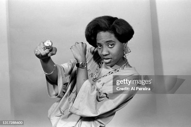 Rapper MC Lyte appears in a portrait taken on May 24, 1989 at Rhino's Den Studio in Brooklyn, New York.