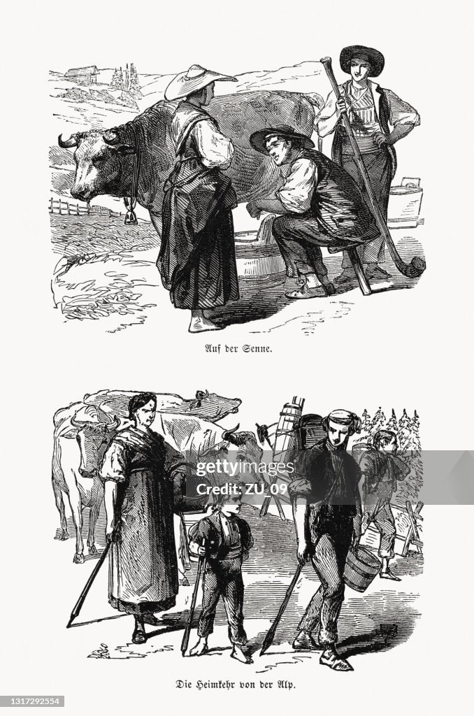 Historical views of Swiss country people, wood engravings, published in 1868