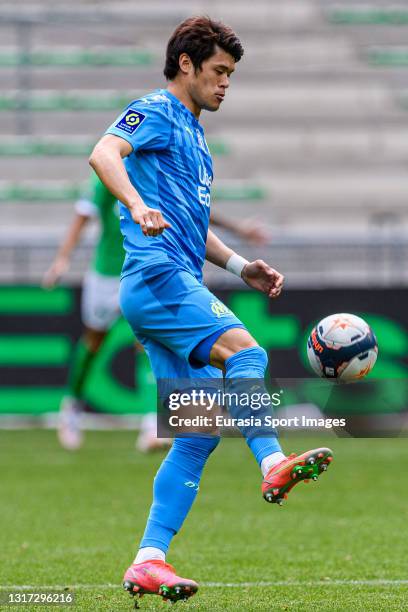 Hiroki Sakai of Olympique de Marseille controls the ball during the Ligue 1 match between AS Saint-Etienne and Olympique Marseille at Stade...