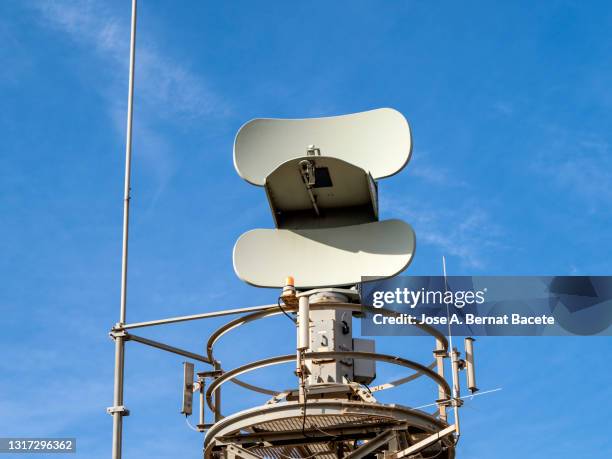 Closeup Of Microwave Dish On High Antenna Tower And Blue Sky