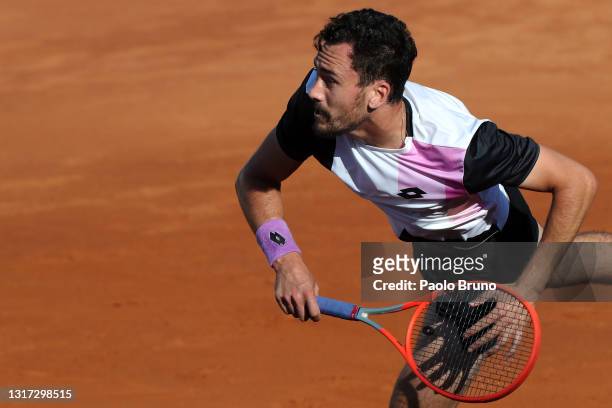 Gianluca Mager of Italy serves on day 3 of the the Internazionali BNL d’Italia tennis match between Gianluca Mager of Italy and Alex de Minaur of...
