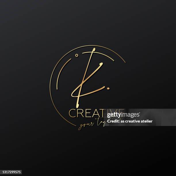 k letter calligraphy minimal monogram emblem style vector logo. gold color and black background. - overlapping shapes logo stock illustrations