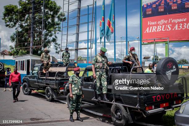 Military and police mobilized to welcome the military governor at Goma International Airport on May 10, 2021 in Goma, Democratic Republic of Congo....