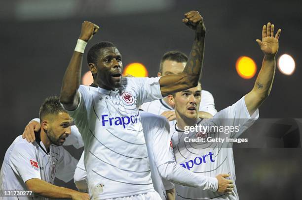 Anderson and Erwin Hoffer of Frankfurt celebrate the first goal during the Second Bundesliga match between Erzgebirge Aue and Eintracht Frankfurt at...