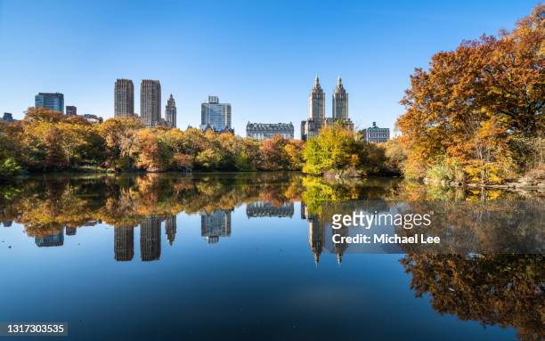 fall foliage and central park west skyline reflection in new york - autumn in new york foto e immagini stock