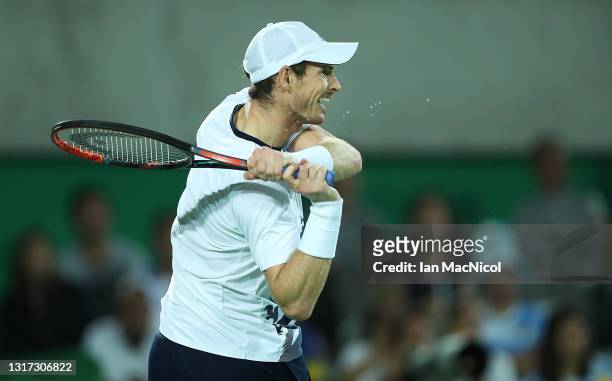 Andy Murray of Great Britain reacts during the Men's singles Gold medal match against Juan Martin del Potro of Argentina at Olympic Tennis Centre on...