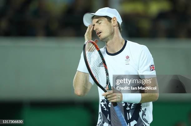 Andy Murray of Great Britain reacts during the Men's singles Gold medal match against Juan Martin del Potro of Argentina at Olympic Tennis Centre on...