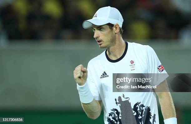 Andy Murray of Great Britain reacts during the Men's singles Gold medal match against Juan Martin del Potro of Argentina at Olympic Tennis Centre on...