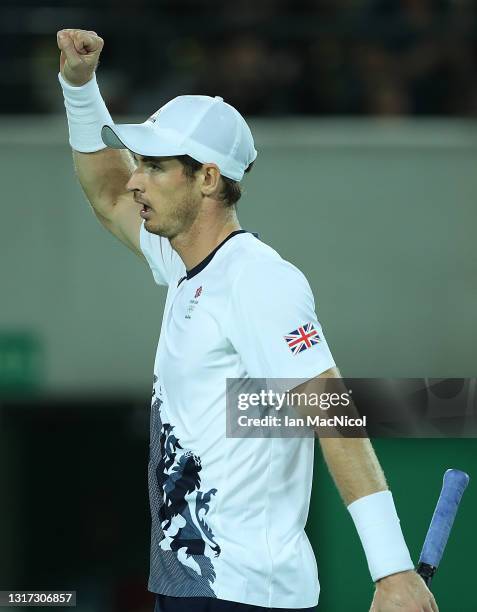 Andy Murray of Great Britain reacts during the Men's singles Gold medal match against Juan Martin del Potro of Argentina at Olympic Tennis Centre on...