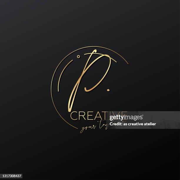 p letter calligraphy minimal monogram emblem style vector logo. gold color and black background. - modern calligraphy alphabet stock illustrations