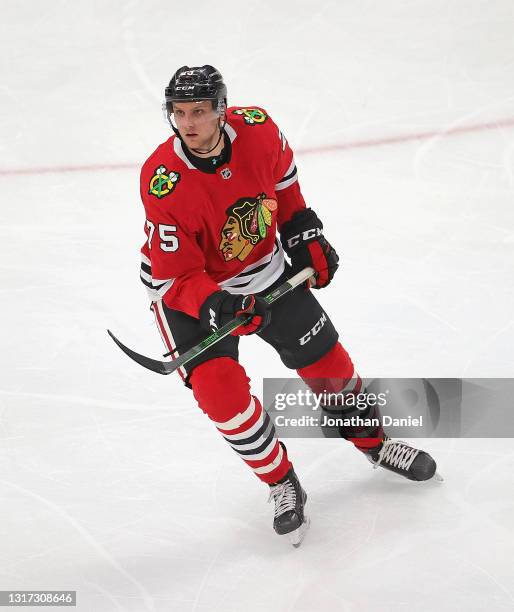 Alec Regula of the Chicago Blackhawks skates against the Dallas Stars at the United Center on May 09, 2021 in Chicago, Illinois. The Blackhawks...