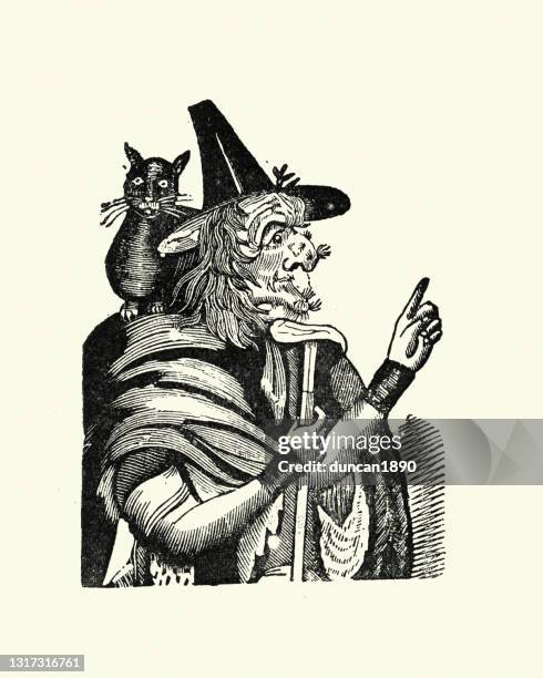 stockillustraties, clipart, cartoons en iconen met heks met zwarte kat zat op haar schouder, 18e eeuwse houtsnede - ugly witches