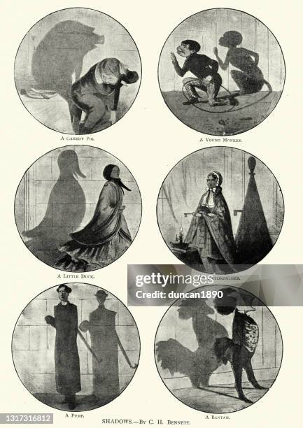 victorian comic caricatures, shadow shapes, 19th century - shadow puppet stock illustrations