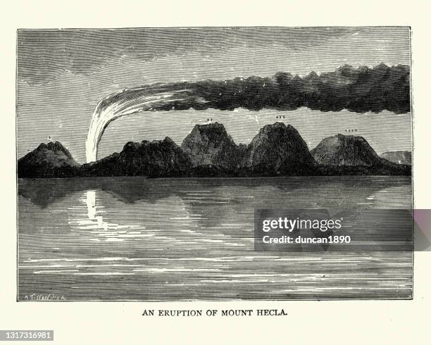 eruption of mount hecla (hekla), iceland, 1818, volcano - scandinavian heritage park stock illustrations