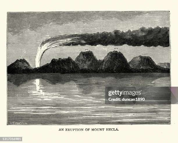 eruption of mount hecla (hekla), iceland, 1818, volcano - hecla grindstone provincial park stock illustrations