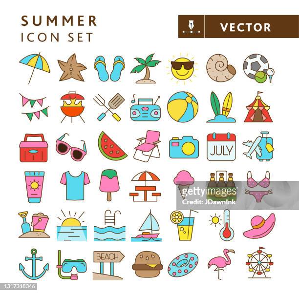 ilustraciones, imágenes clip art, dibujos animados e iconos de stock de vacaciones de verano viajes comida deportiva y elementos gran conjunto de iconos a todo color - beach holiday