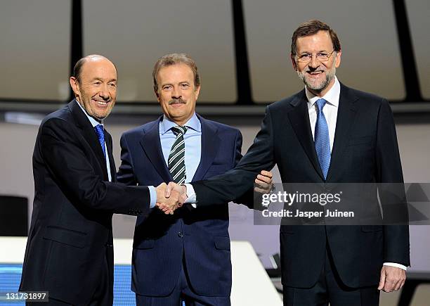 Main candidates for the Spanish general elections, Mariano Rajoy of the Popular Party and Alfredo Perez Rubalcaba of the Socialist Party , smile as...