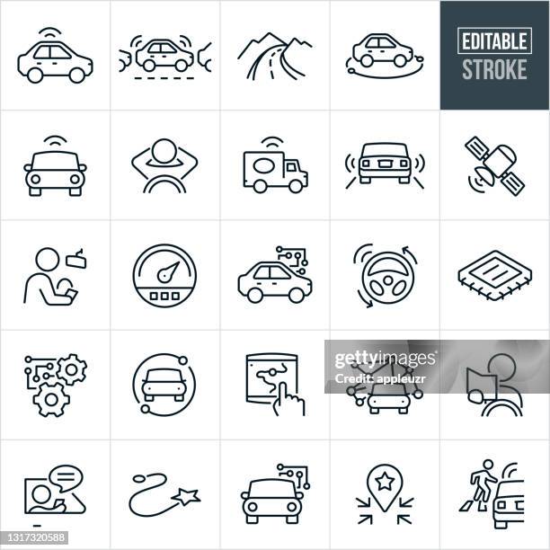 stockillustraties, clipart, cartoons en iconen met zelfrijdende voertuigen dunne lijn pictogrammen - bewerkbare slag - car door