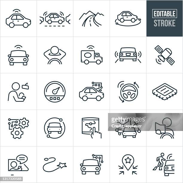 ilustrações, clipart, desenhos animados e ícones de veículos autônomos ícones de linha fina - traçado editável - car