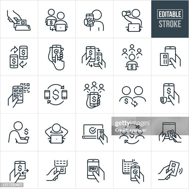 digital and online payment thin line icons - editable stroke - peer to peer finance stock illustrations