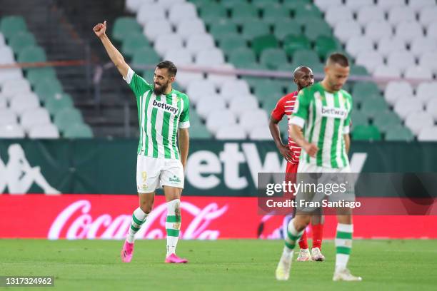 Borja Iglesias of Real Betis celebrates after scoring their team's first goal during the La Liga Santander match between Real Betis and Granada CF at...