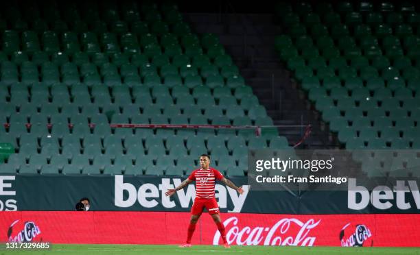 Darwin Machis of Granada CF celebrates after scoring their side's first goal during the La Liga Santander match between Real Betis and Granada CF at...