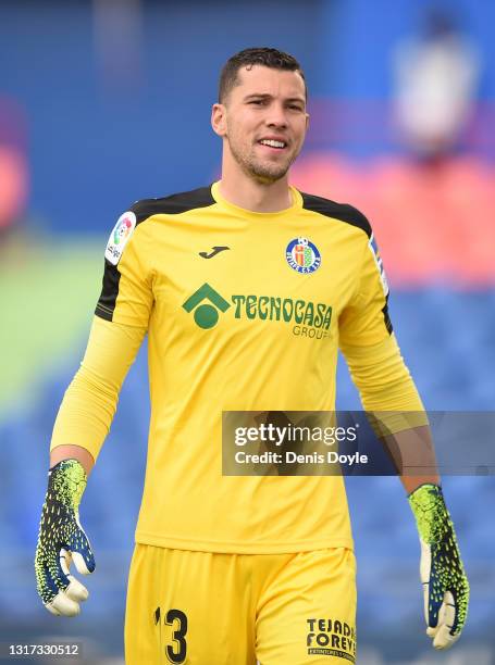 David Soria of Getafe CF reacts during the La Liga Santander match between Getafe CF and SD Eibar at Coliseum Alfonso Perez on May 09, 2021 in...