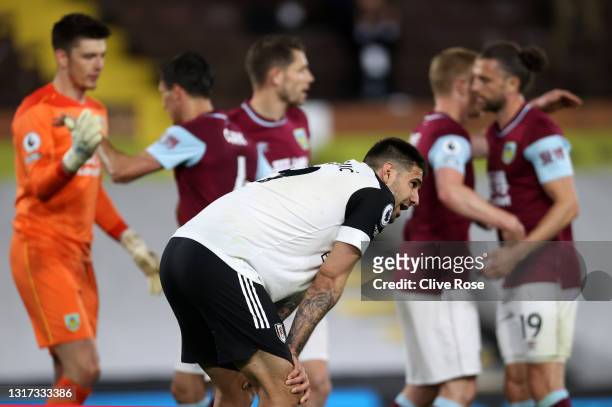 Aleksandar Mitrovic of Fulham looks dejected after defeat as Fulham are relegated following the Premier League match between Fulham and Burnley at...
