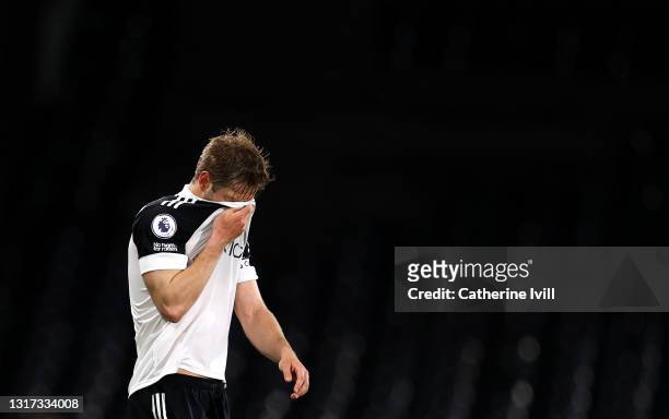 Joachim Andersen of Fulham looks dejected after defeat as Fulham are relegated following the Premier League match between Fulham and Burnley at...