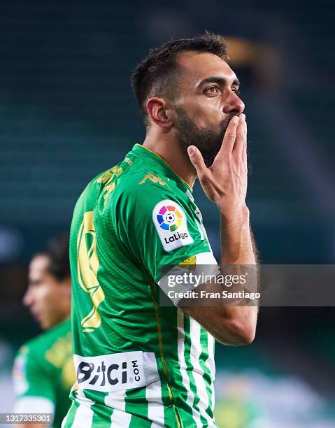 Borja Iglesias of Real Betis celebrates scoring a goal during the La Liga Santander match between Real Betis and Granada CF at Estadio Benito...