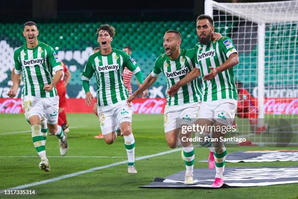 Borja Iglesias of Real Betis celebrates scoring a goal with team mates during the La Liga Santander match between Real Betis and Granada CF at...