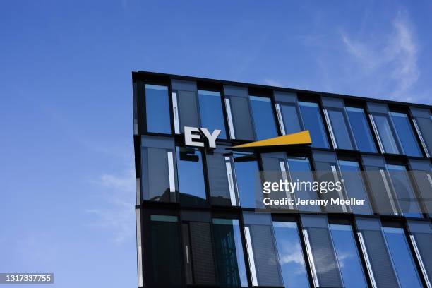 An Ernst & Young sign is seen on May 09, 2021 in Munich, Germany.