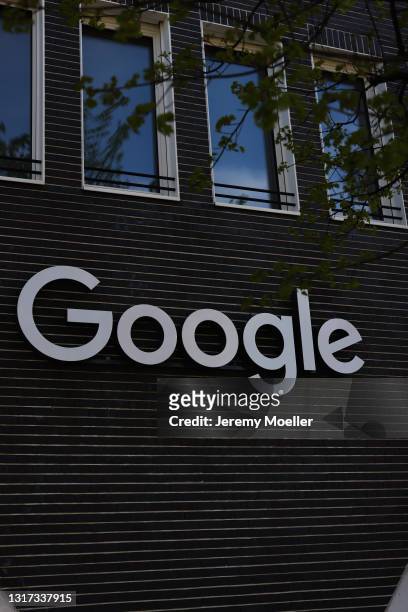 Google sign is seen on May 09, 2021 in Munich, Germany.