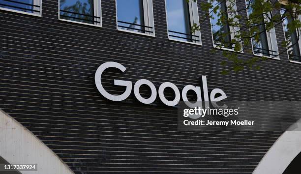 Google sign is seen on May 09, 2021 in Munich, Germany.