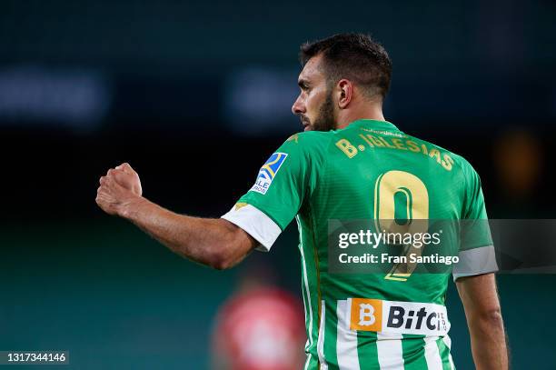 Borja Iglesias of Real Betis celebrates scoring a goal during the La Liga Santander match between Real Betis and Granada CF at Estadio Benito...