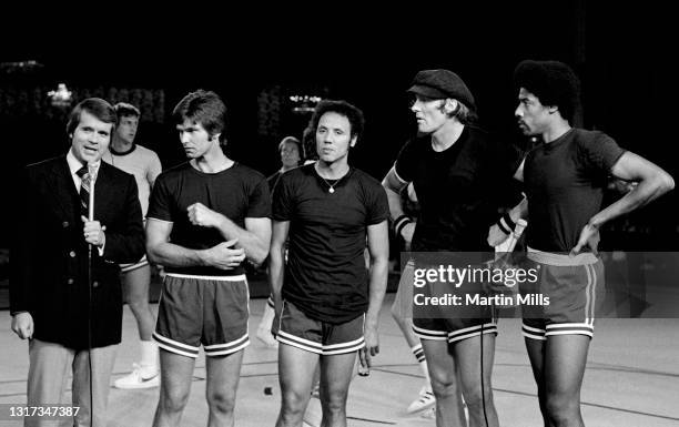 American sportscaster Gary Bender interviews American actor Kent McCord former NBA player Lenny Wilkens, NBA player of the Houston Rockets Rick Barry...