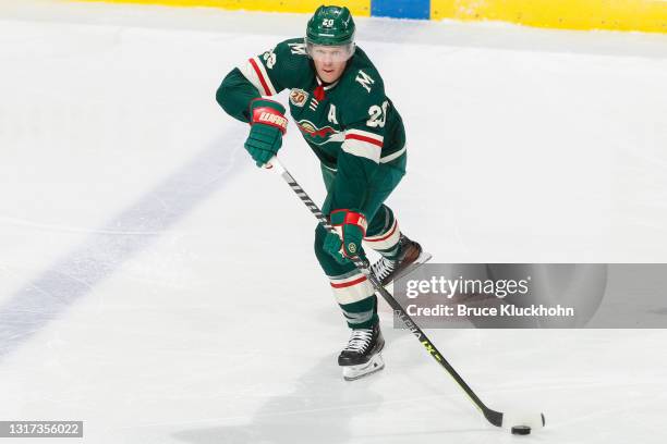 Ryan Suter of the Minnesota Wild passes the puck against the Vegas Golden Knights during the game at the Xcel Energy Center on May 3, 2021 in Saint...