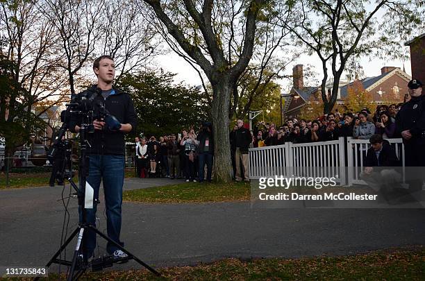 Facebook founder Mark Zuckerberg speaks to reporters at Harvard University November 7, 2011 in Cambridge, Massachusetts. Zuckerberg visited...