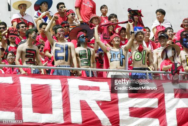 South Korean fans before the World Cup 1st round match between South Korea and USA at the Daegu World Cup Stadium on June 17, 2002 in Daegu, South...