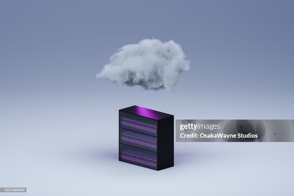 3D illustration white fluffy cloud hovering over cloud server rack.
