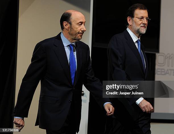 Main candidates for the Spanish general elections, Alfredo Perez Rubalcaba of the Socialist Party and Mariano Rajoy of the Popular Party , arrive for...