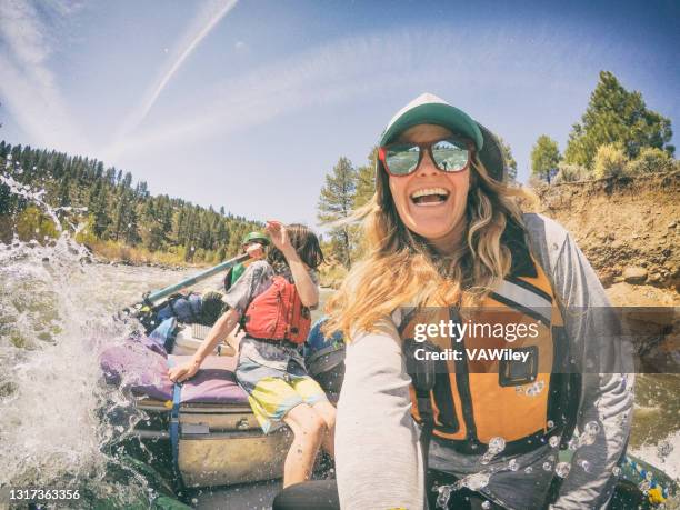 camping and rafting with moms in california - white water rafting stock pictures, royalty-free photos & images